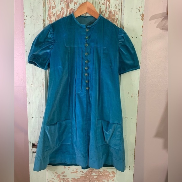 Women’s blue partial button-up short sleeve dress with pockets - Picture 1 of 4